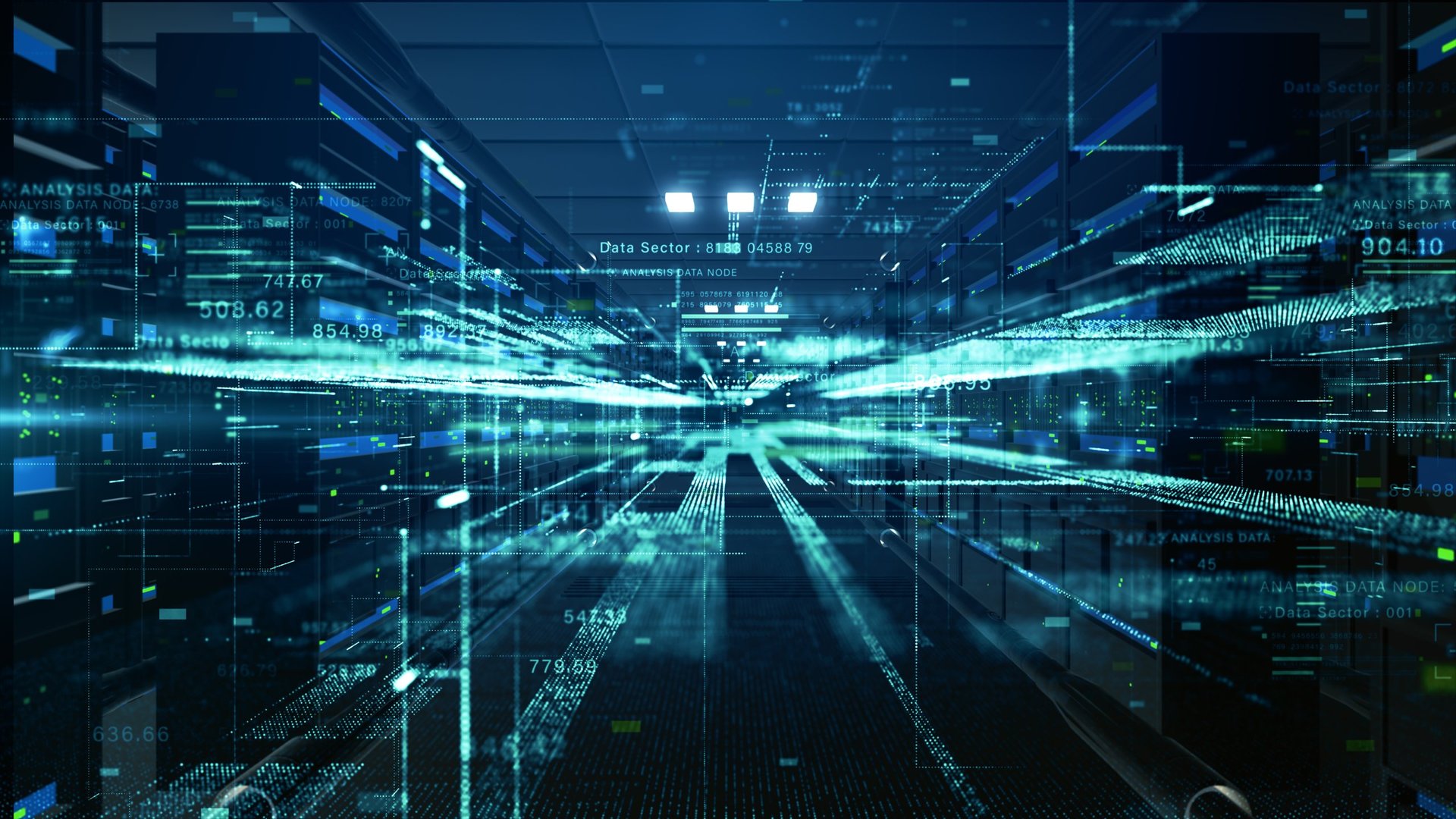Futuristic data center with high-speed digital transmission lines and big data processing streams