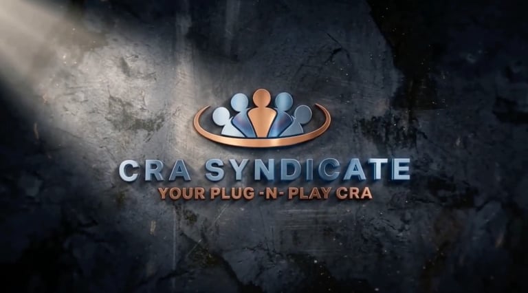 CRA Syndicate logo featuring stylized people figures and text reading YOUR PLUG-N-PLAY CRA on a dark textured background