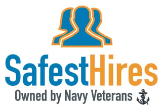 SafestHires logo with stylized people icon in blue and gold, text reading Owned by Navy Veterans with anchor symbol