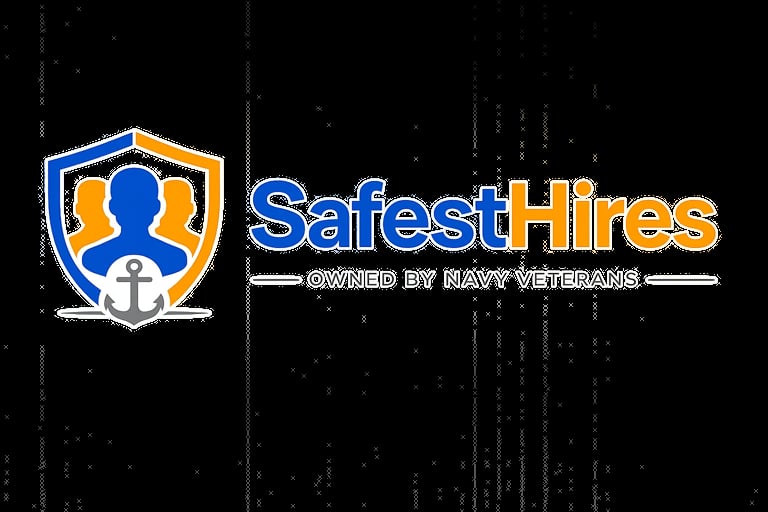 SafestHires logo with blue and orange shield featuring silhouette figures and text owned by Navy Veterans