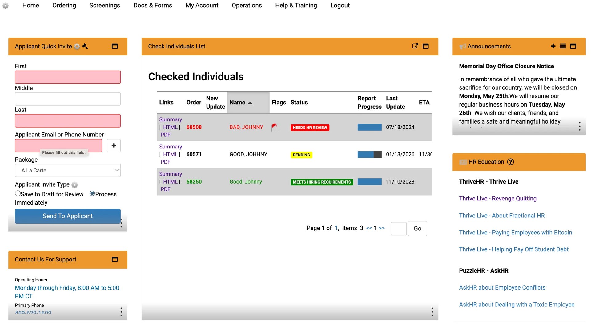 Screenshot of a business management dashboard showing a Checked Individuals list with employee records, filters, and status tracking information.