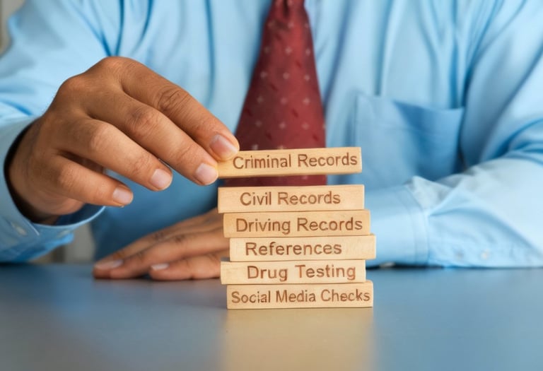 Professional in blue shirt stacking wooden blocks labeled with background check categories: Criminal Records, Civil Records, Driving Records, References, Drug Testing, and Social Media Checks