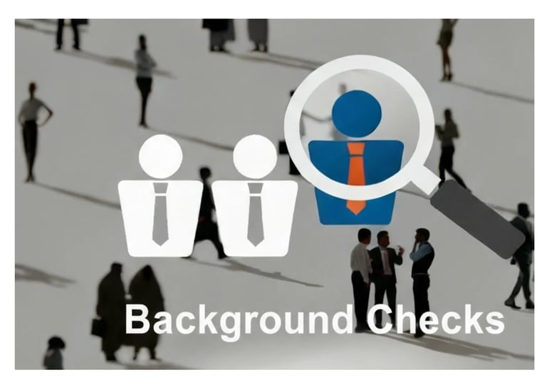 Illustration of background checks concept with stylized businesspeople icons and magnifying glass over a crowd of people