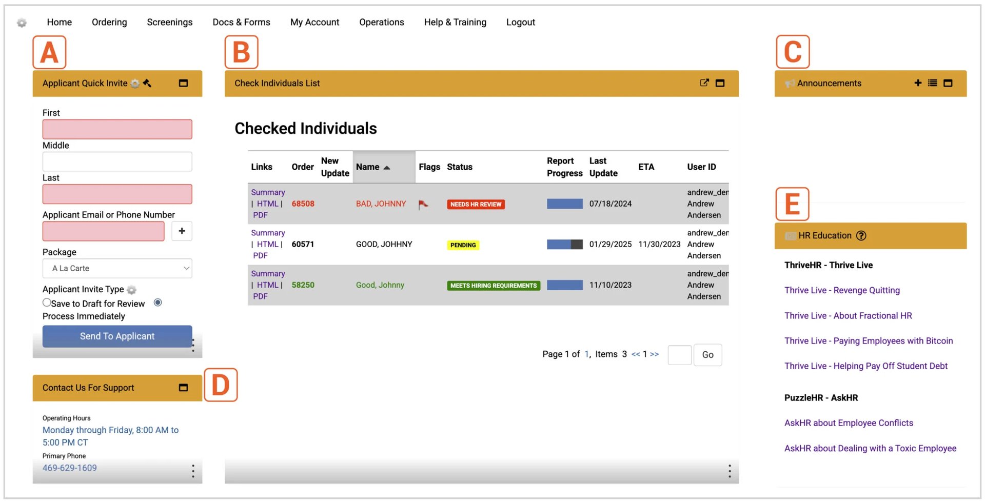 A business software dashboard showing checked individuals list with sidebar filters for loan search, employment history, and package details.